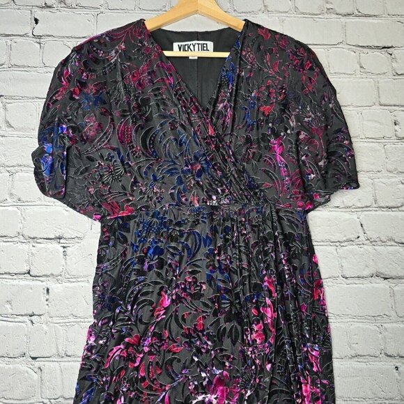 Vicky Tiel Velvet Black Blue Pink Short Sleeve Wrap Effect Dress Size L - Picture 2 of 11